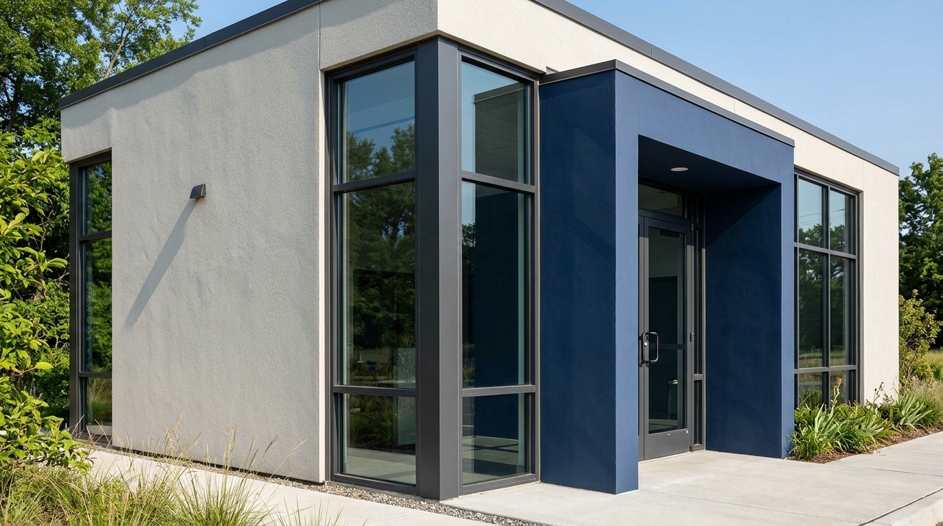 Modern office building showing a light gray base with charcoal and navy blue accents.