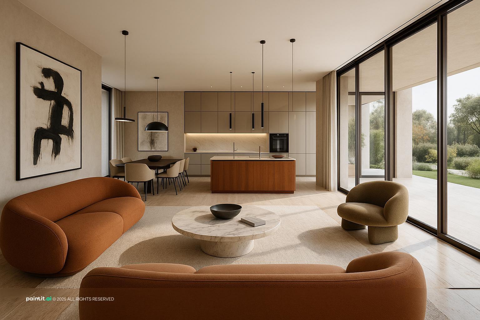 Open-plan modern Italian living room with rust boucle sofas, a stone coffee table and a walnut kitchen island