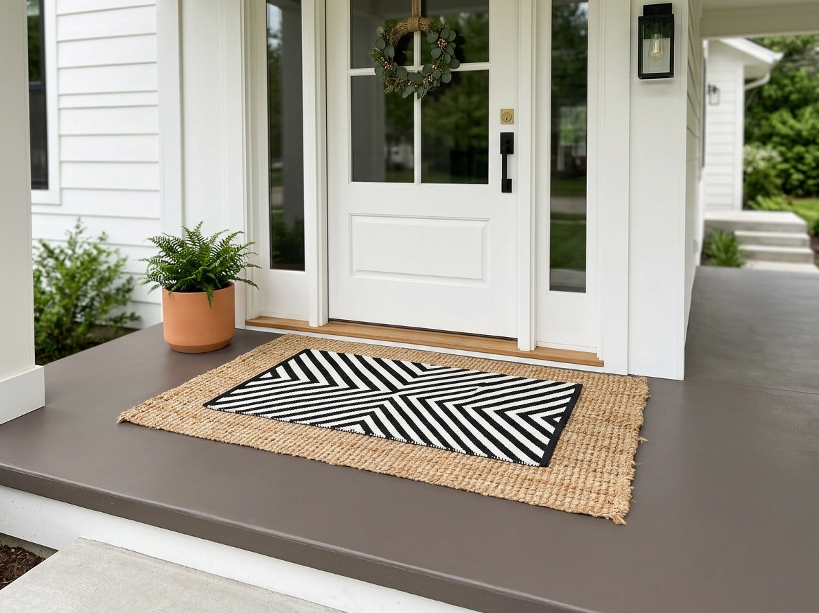 Front porch with layered doormat &mdash; large jute rug base topped  with a bold geometric patterned mat on a charcoal painted floor