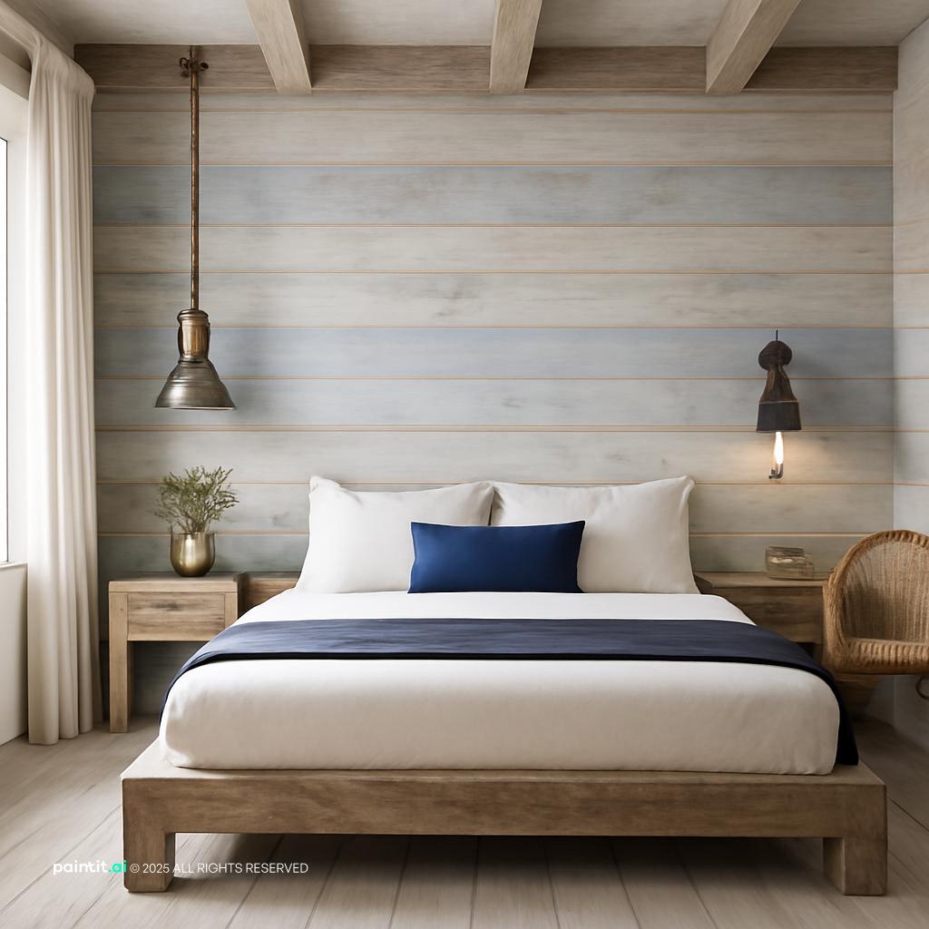 New England coastal Colonial interior with painted wood navy accents and natural light 2