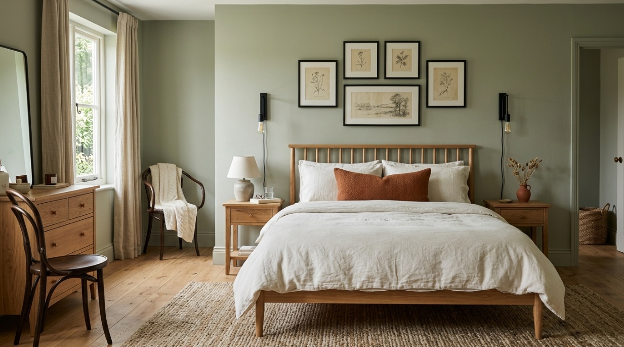 Rustic sage green bedroom with an oak bed and restrained black accents