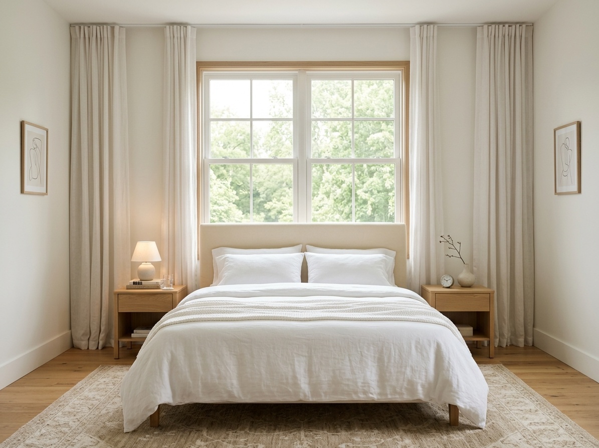 Master bedroom with bed headboard against a large window,  sheer linen curtains framing the bed with morning natural light