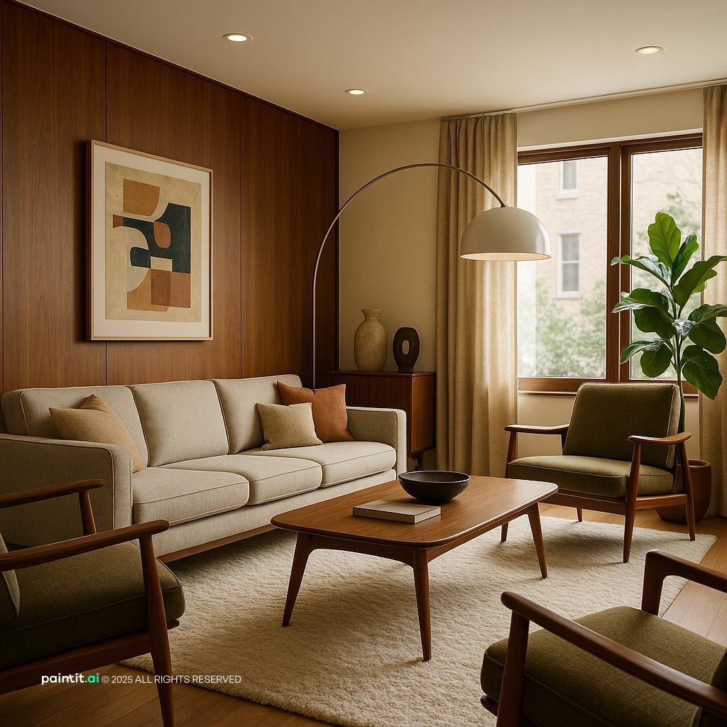 Elegant Mid-Century Modern Living Room Design with earthy tones and a calm living room atmosphere.