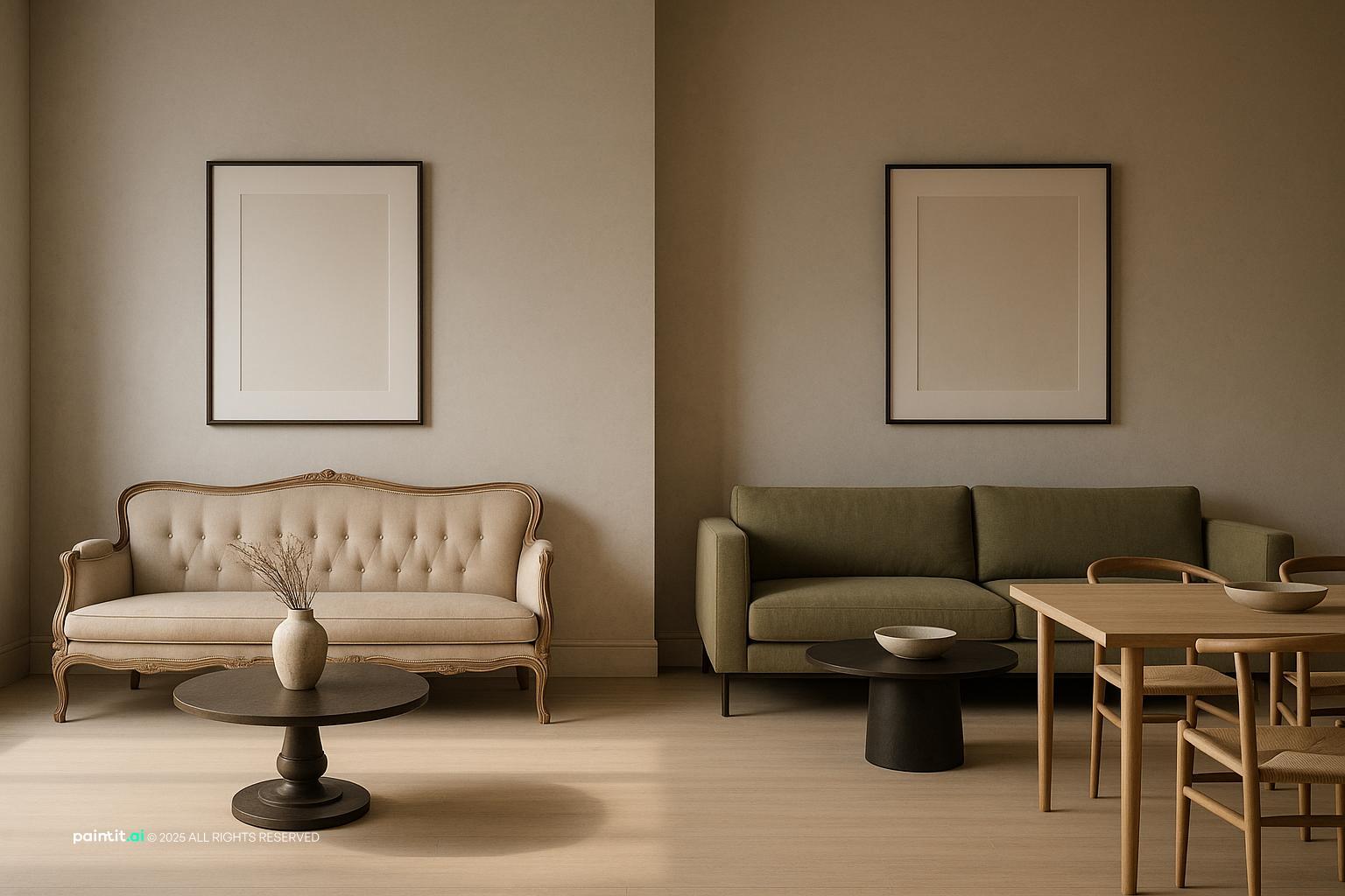Minimal gray living room with a tufted sofa, a separate dining corner and framed wall art