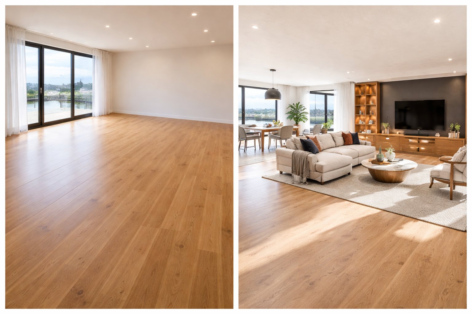 Before and after example showing an empty room transformed into a furnished concept