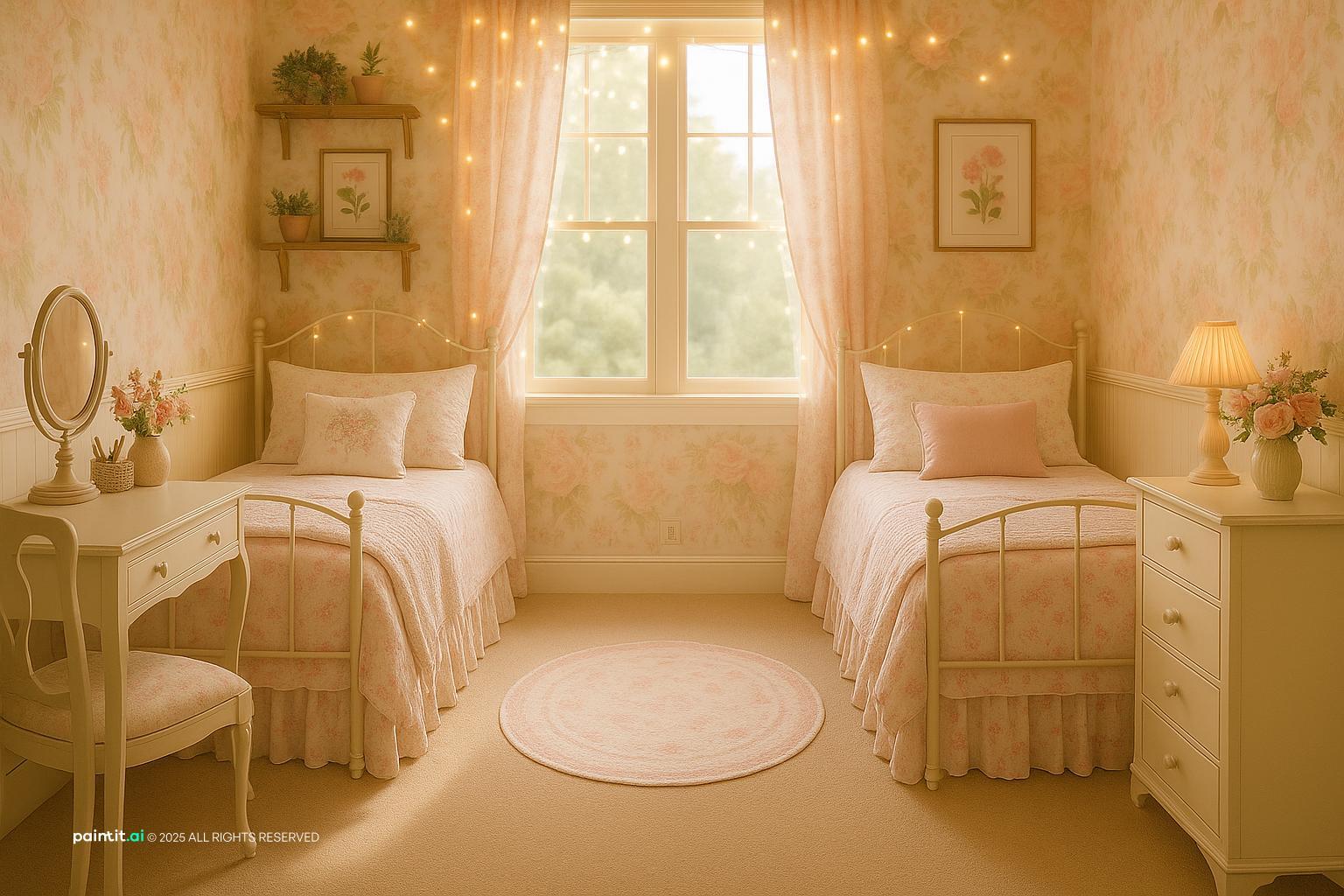 Bedroom with two white iron beds, floral wallpaper, pink bedding and a small desk by the window