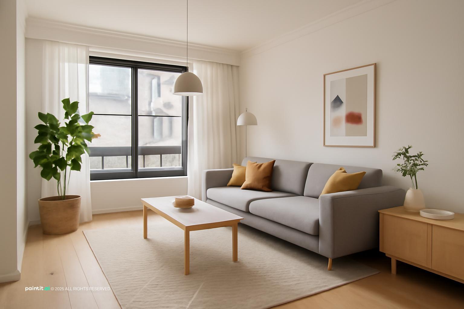 Grey sofa with mustard cushions, an oak coffee table and a sideboard