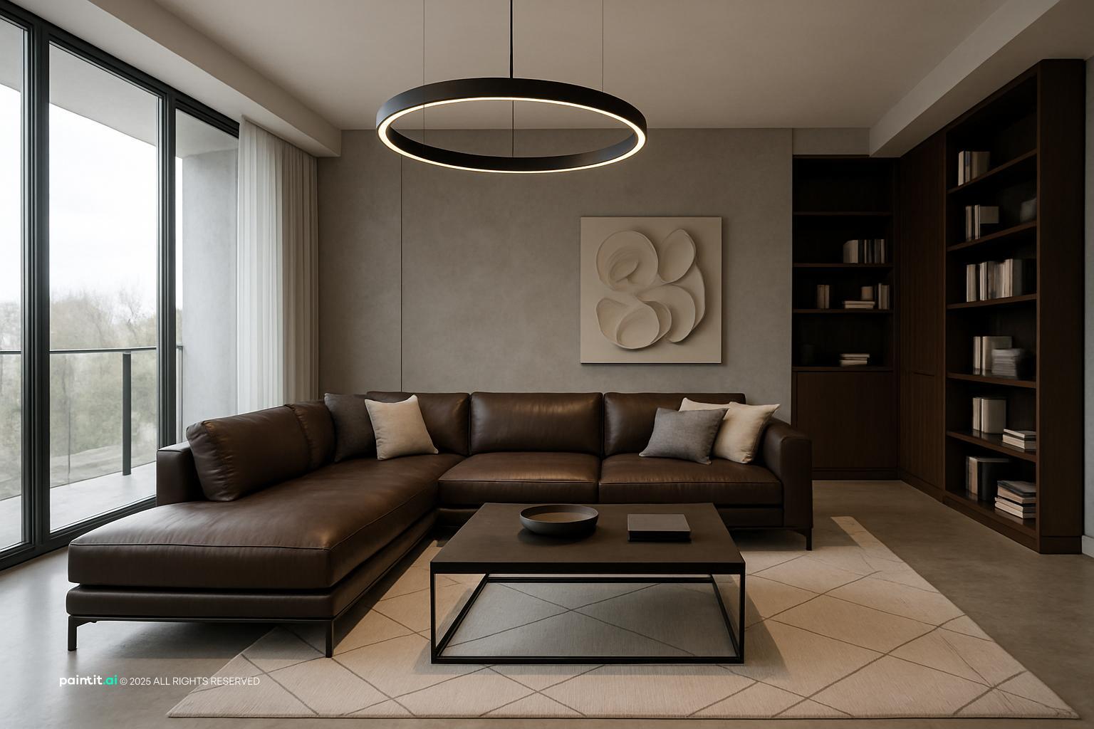 Modern living room with a chocolate brown sectional, a ring pendant and bookshelves