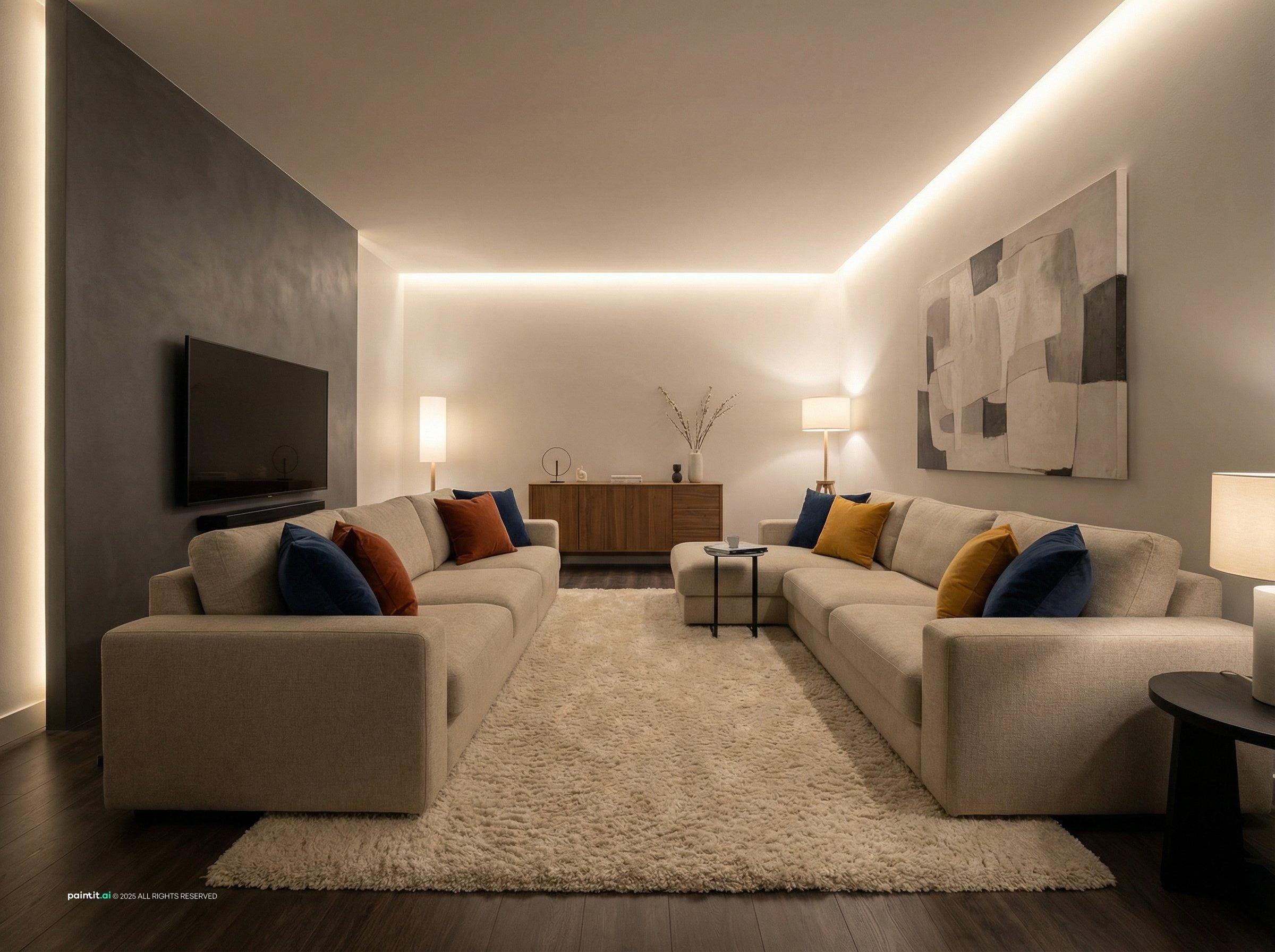 Living room with warm LED cove lighting along the ceiling, a gray sofa and a thick rug