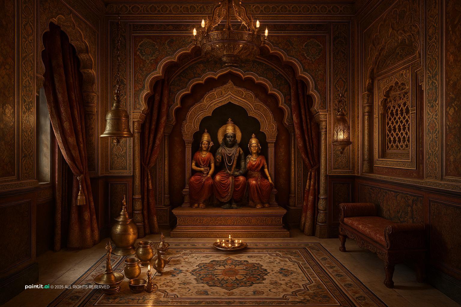 Pooja Room with statement wall art and built in cabinetry