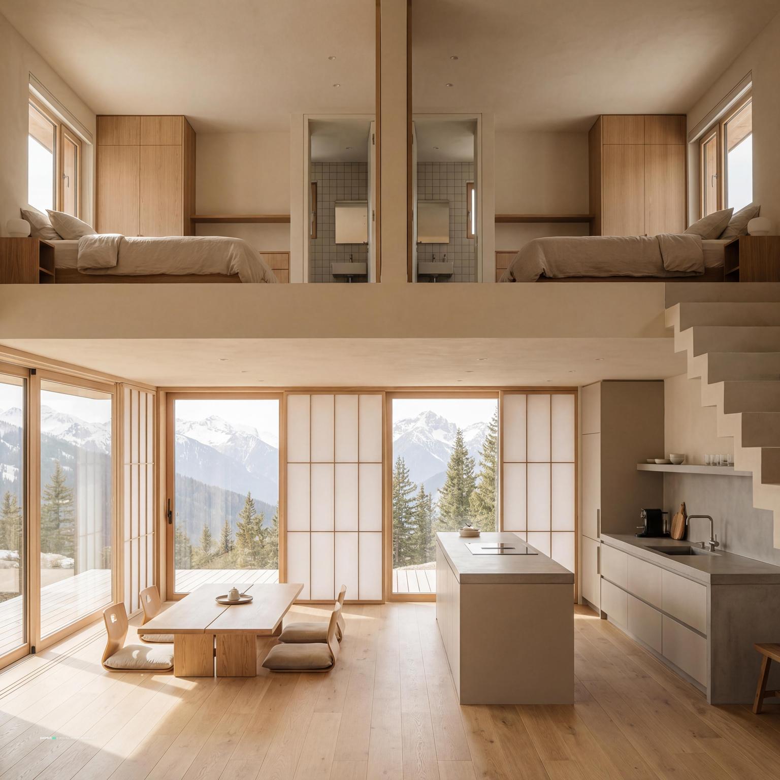 Minimalist mountain retreat interior with light wood and open-plan kitchen