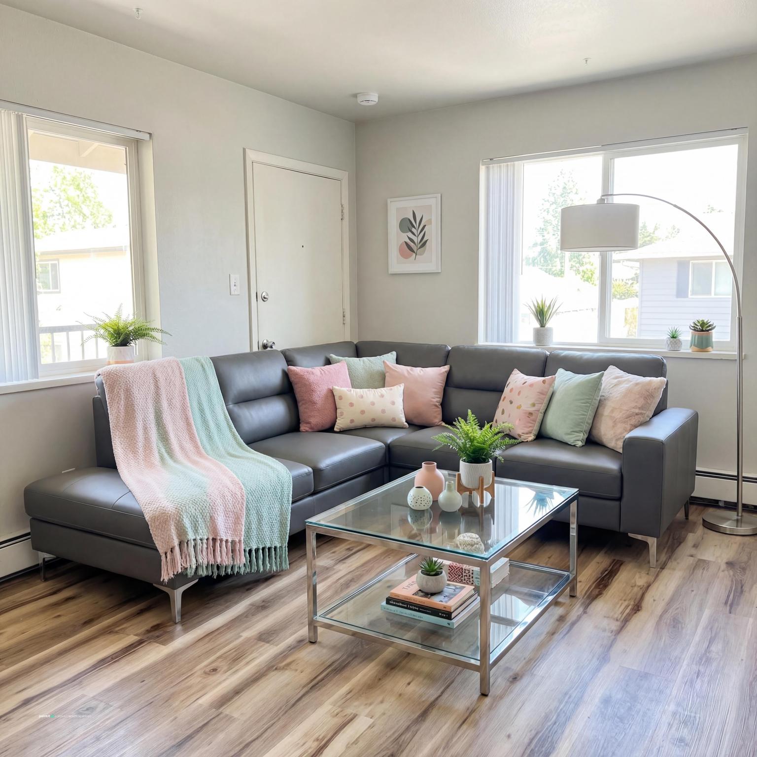 Dark grey sectional with pastel cushions and a striped throw beside a glass coffee table