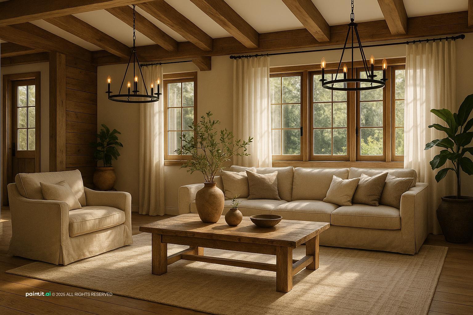 Rustic Farmhouse Farmhouse Living Room Design with oak and linen and a calm living room atmosphere.