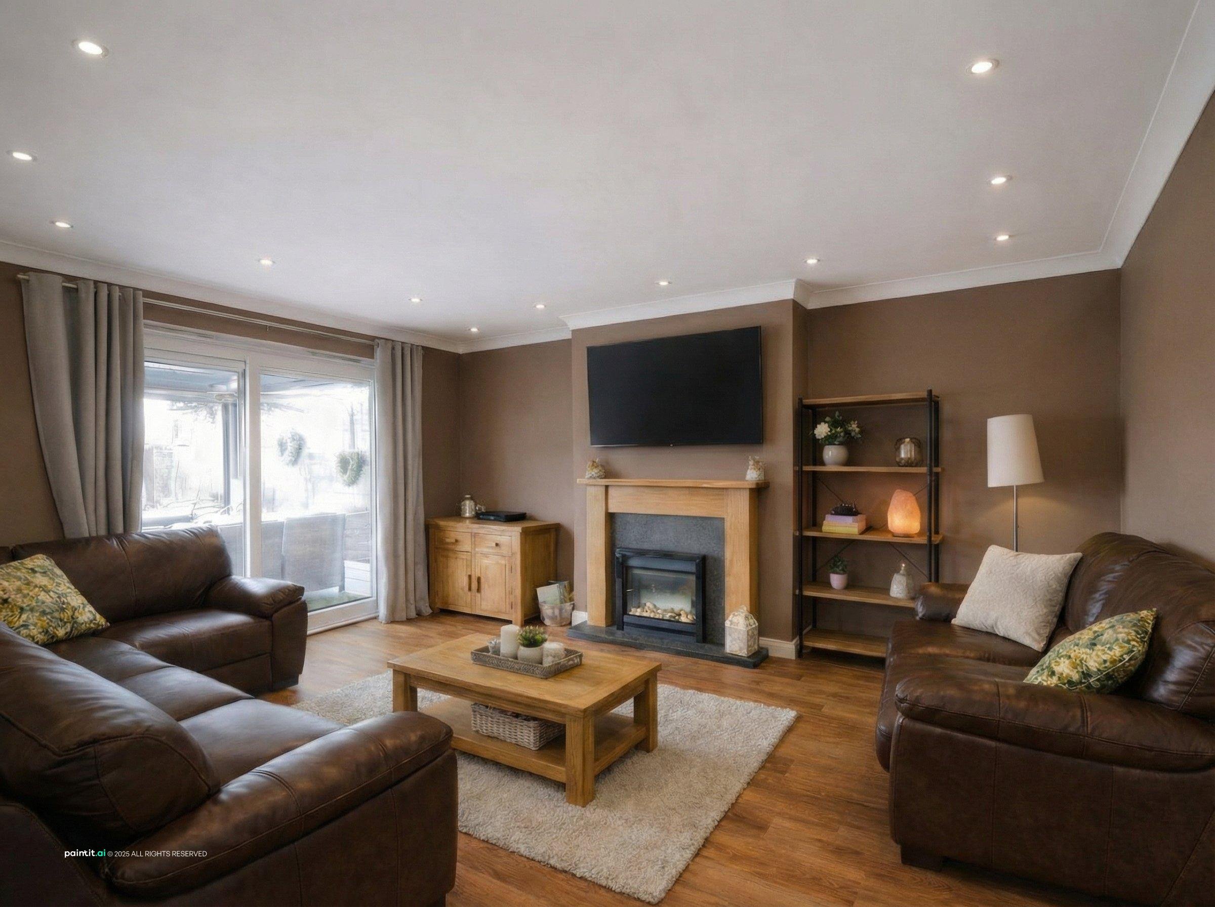 Living room with dark brown leather sofas, a fireplace and a wooden coffee table