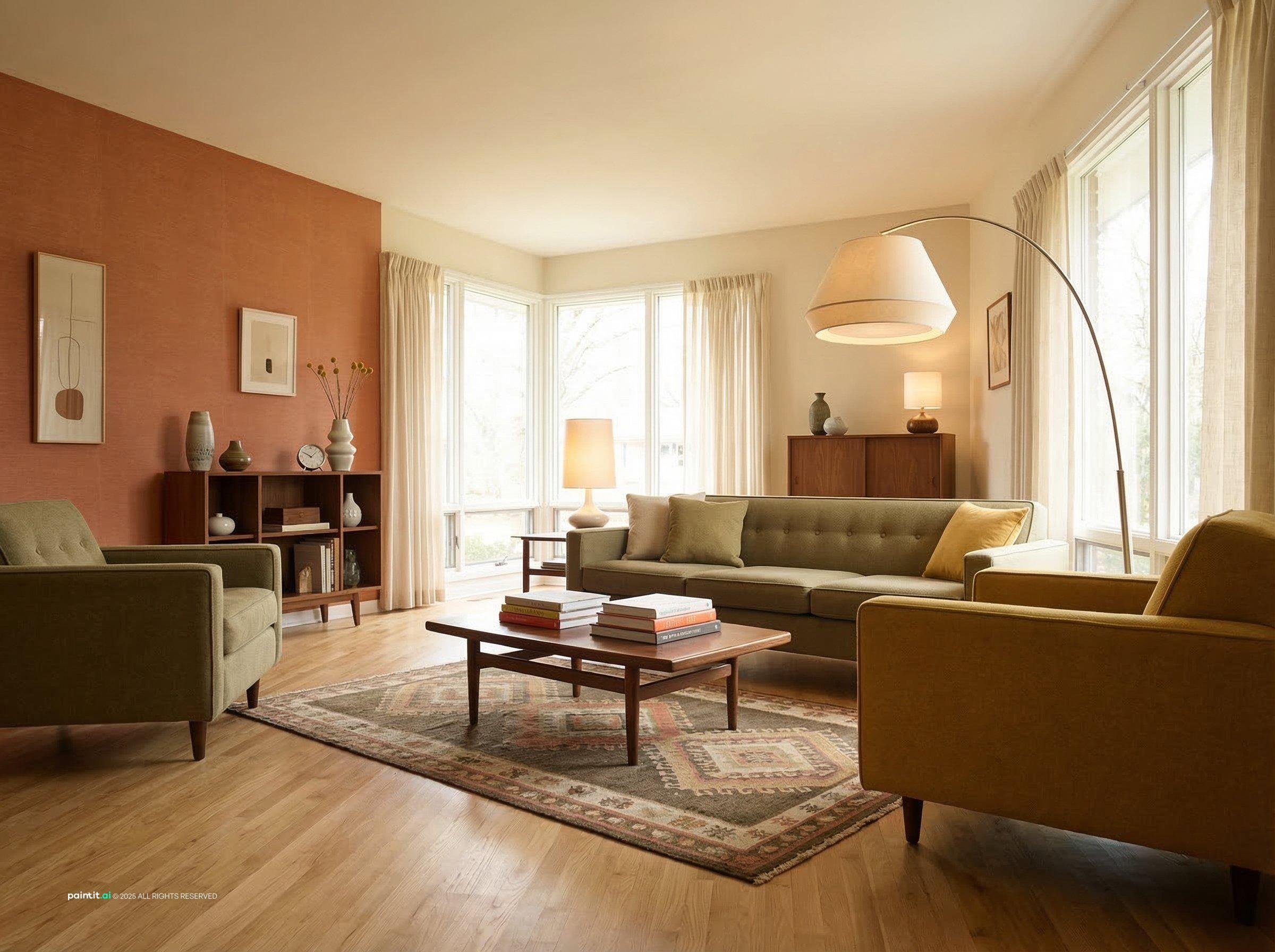 Bright living room with a terracotta accent wall, olive sofas and an arc floor lamp