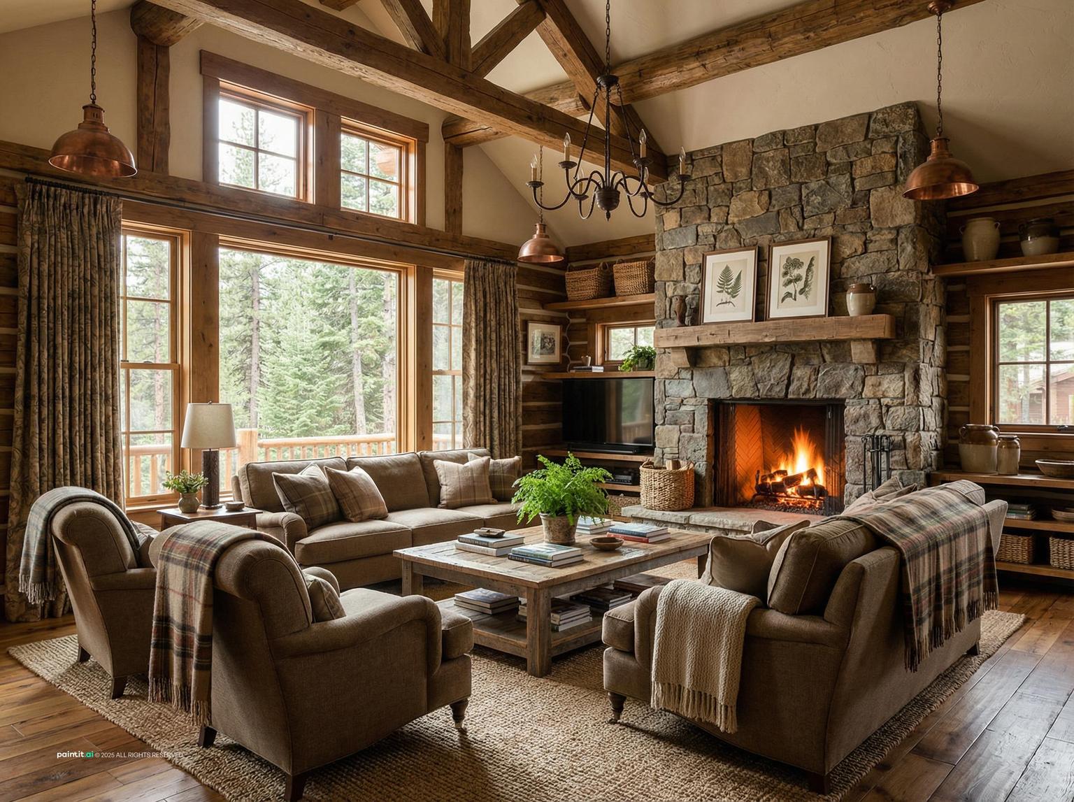Lodge living room with a vaulted beamed ceiling, a stone fireplace, large windows and leather armchairs