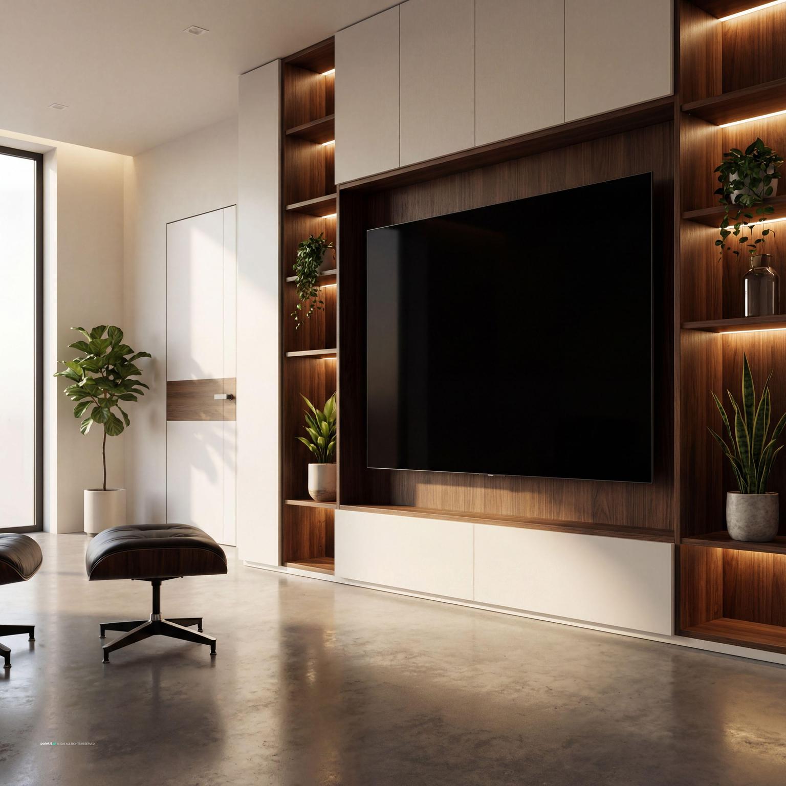 Modern living room design featuring a seamless TV wall with custom built-in storage, integrated shelving, and media console for sleek functionality.