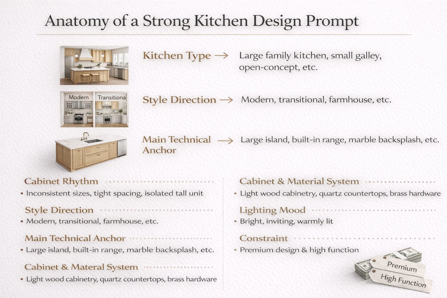 Infographic showing the structure of a strong kitchen design prompt