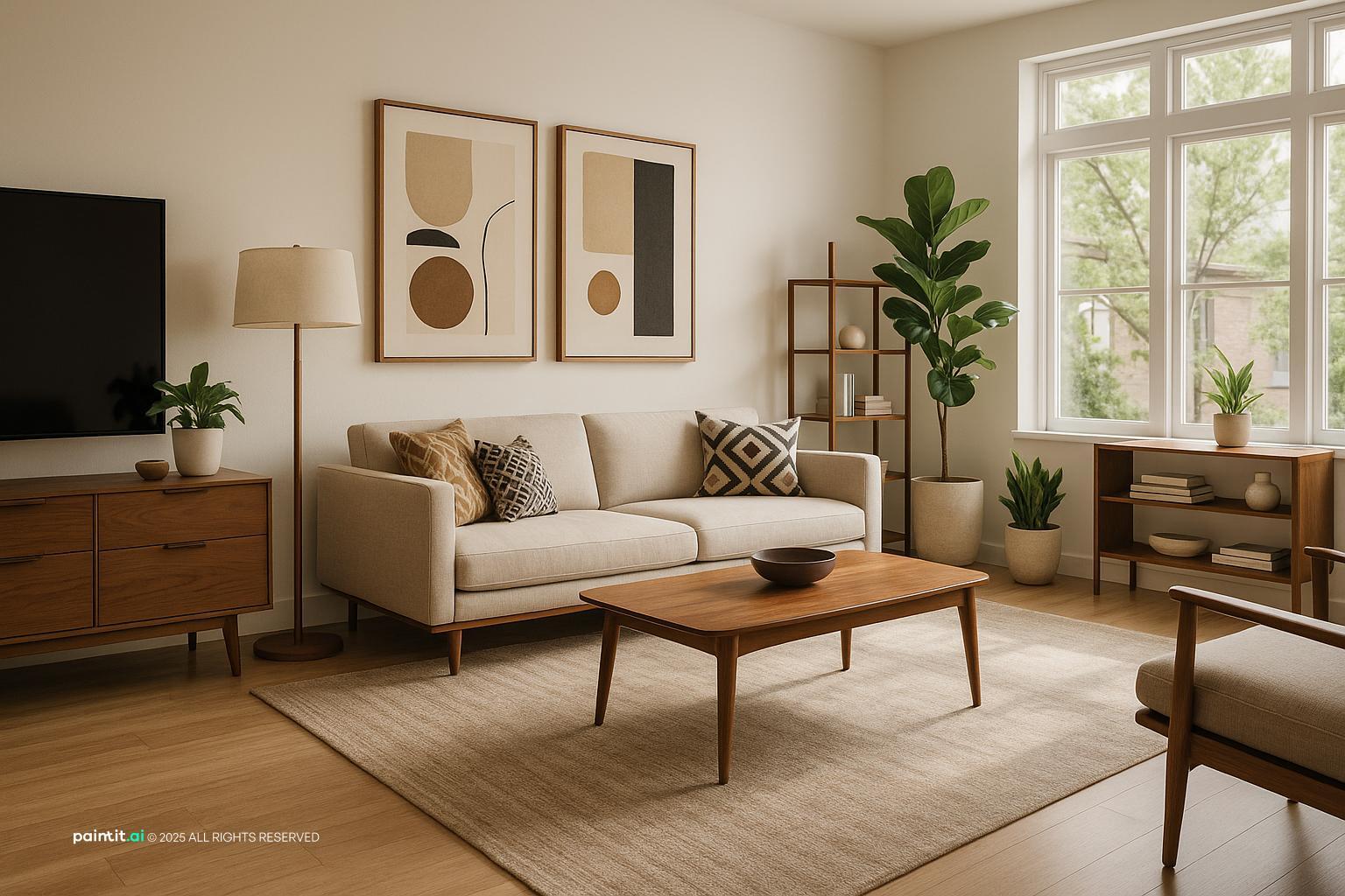 Mid-Century Modern Living Room Design showing TV wall focus, warm wood, soft textiles for Living Room Tv Wall Ideas.