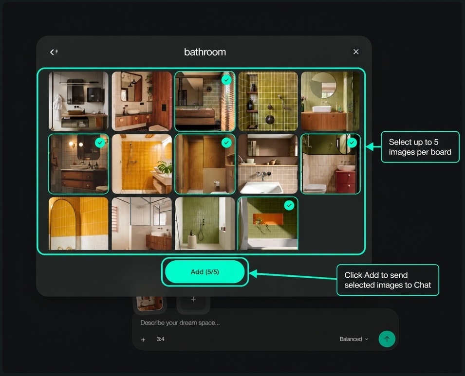 Paintit.ai selection modal showing up to five Pinterest images chosen as focused references for an AI design prompt.