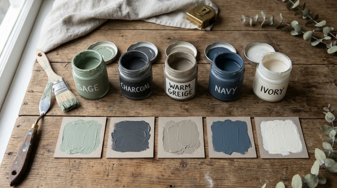 five small chalk paint tester pots in different muted tones (sage, charcoal, warm greige, navy, ivory) arranged on a wooden studio table