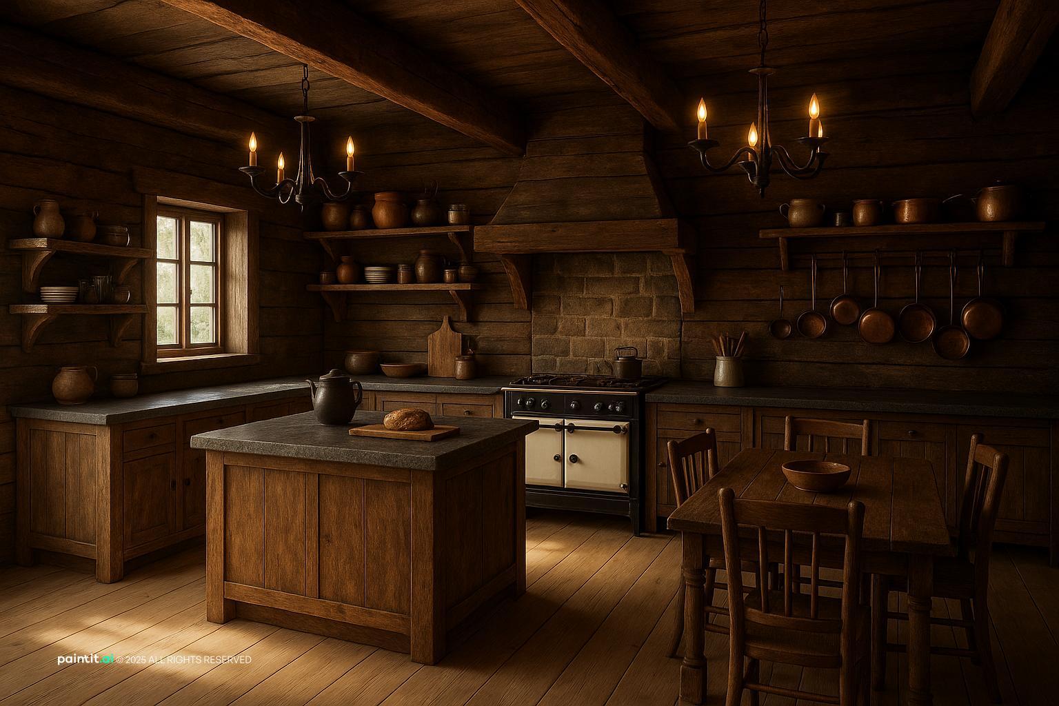 Kitchen inside a log cabin with weathered timber walls, a solid wood island and an iron chandelier