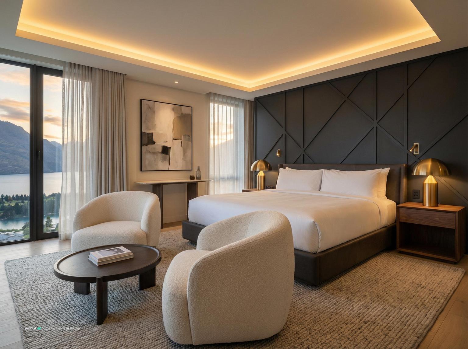 Hotel room with a king bed against a dark geometric accent wall, two cream armchairs, a round coffee table and a lake view