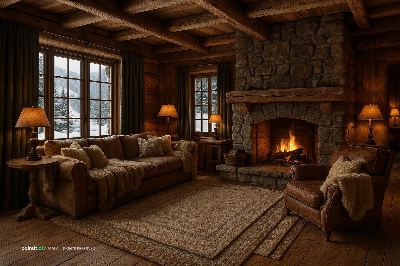 Rustic ski chalet interior with timber paneling, fireplace and wool textiles