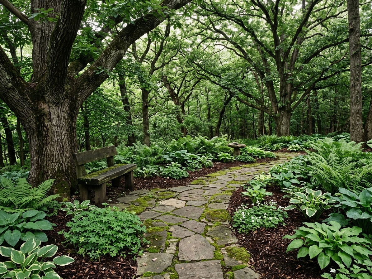 Rustic woodland backyard retreat with winding flagstone path, fern-filled beds, weathered wooden bench, and dappled light through oak canopy