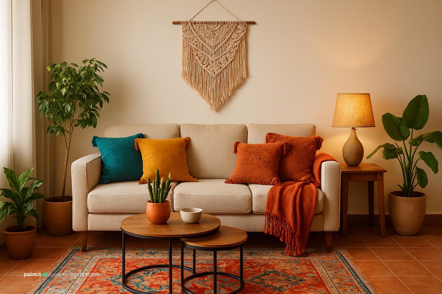 Boho living room with a cream sofa, teal, mustard and rust cushions, a macramé hanging and plants