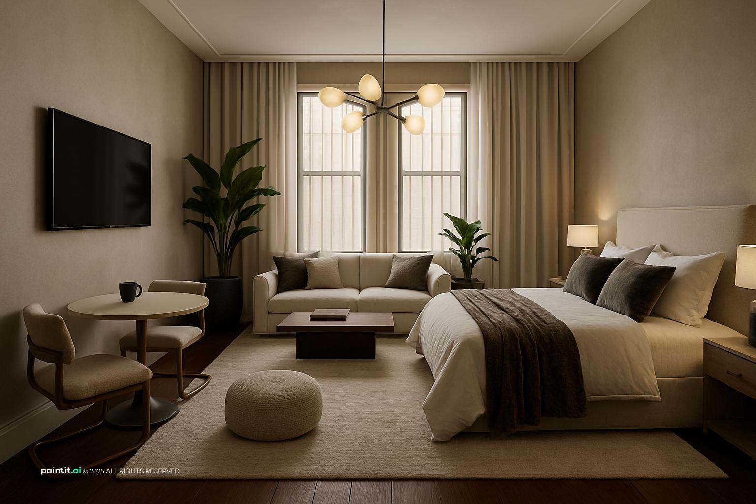 Hotel suite with a white sofa, two armchairs, a round coffee table, plants and the bed in the foreground