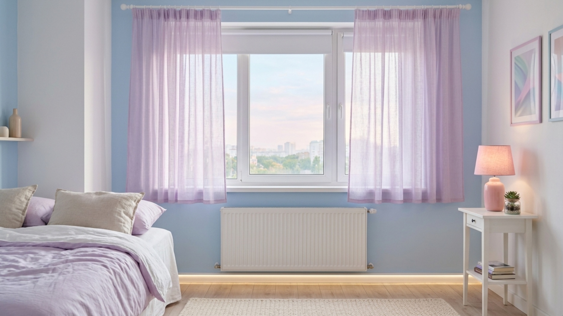Vaporwave bedroom with lavender sheer curtains and a separate blackout blind