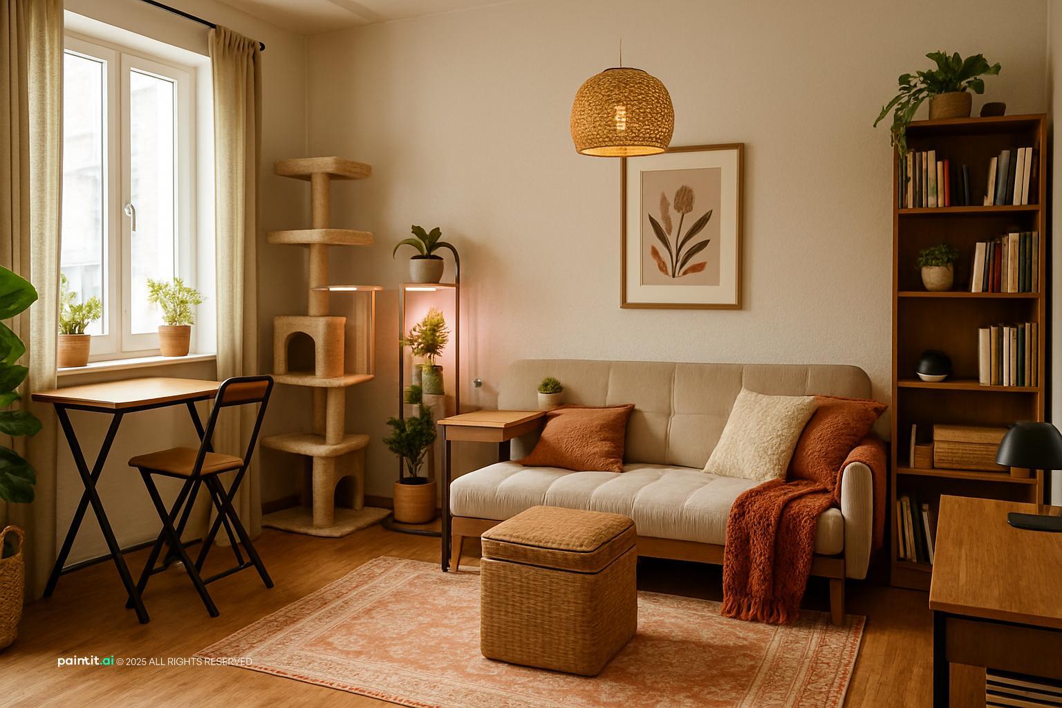Small boho living room with a cream sofa, a cat tree, bookshelves and plants