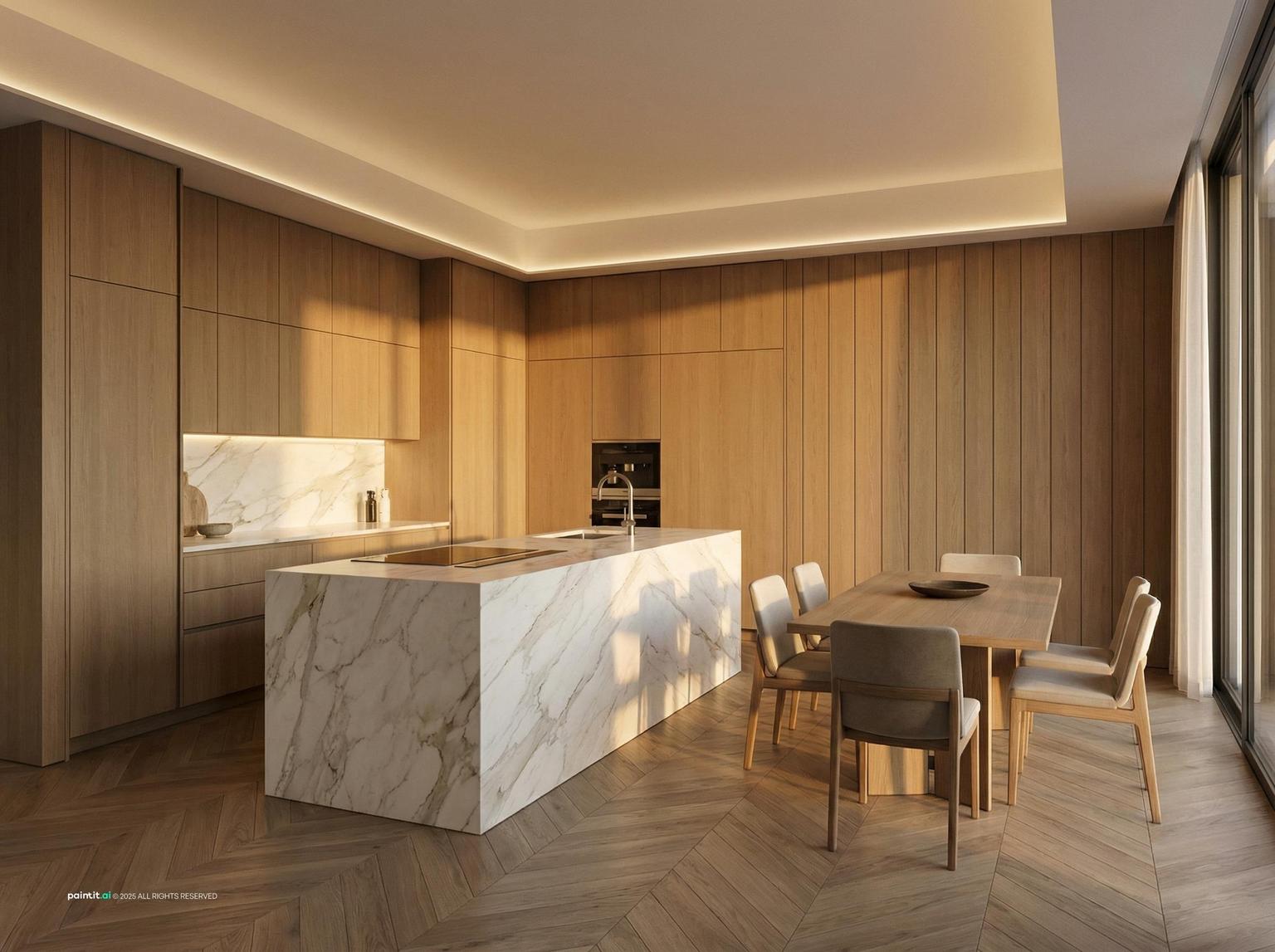 Modern oak kitchen with Italian marble island and warm architectural lighting