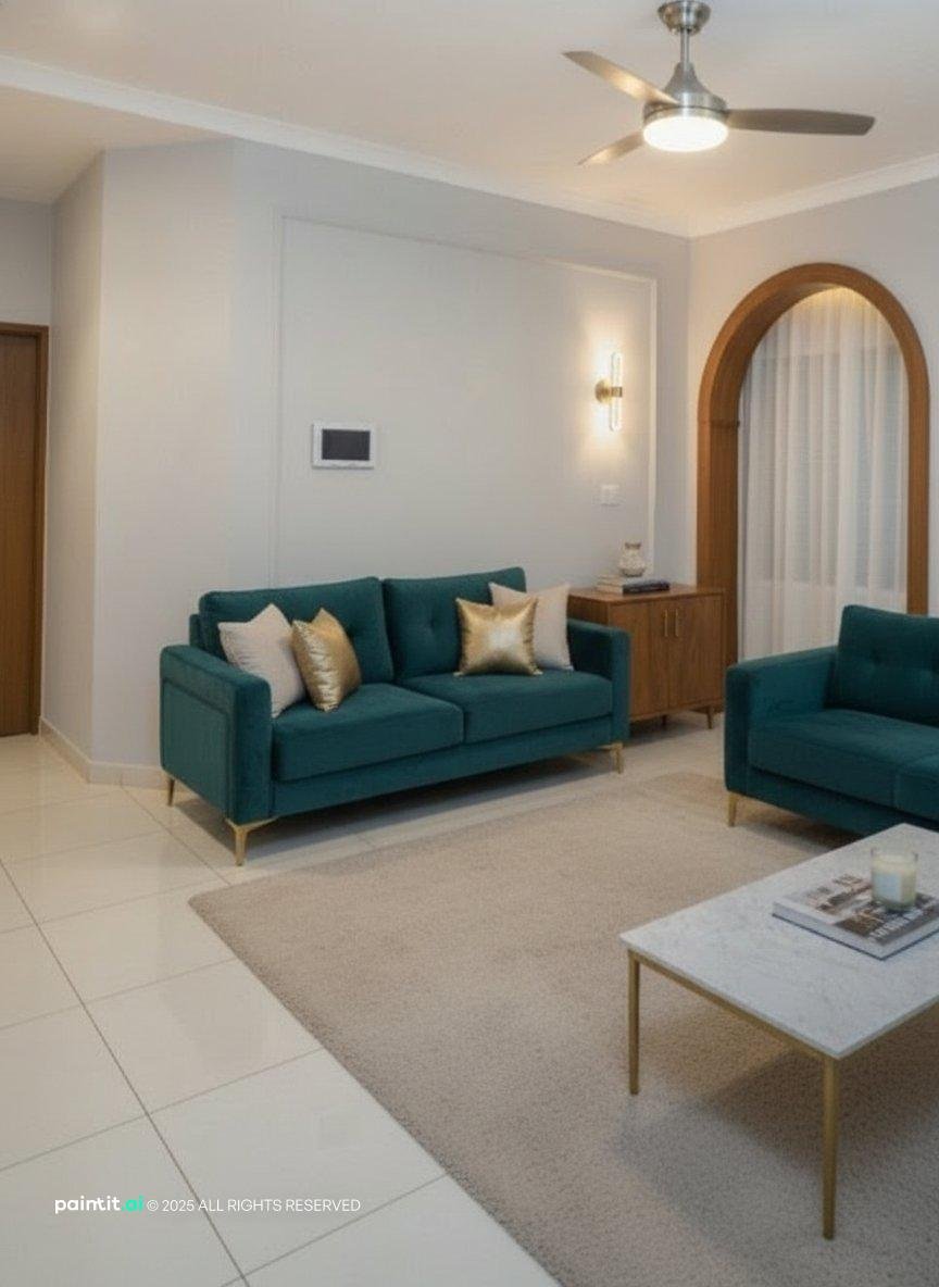 Living room with a teal sofa and an arched doorway