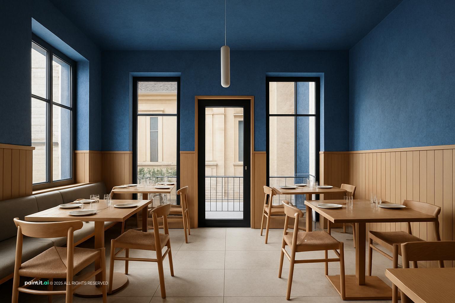 Small cafe-restaurant with deep blue walls, white wainscoting, wooden tables and tall windows