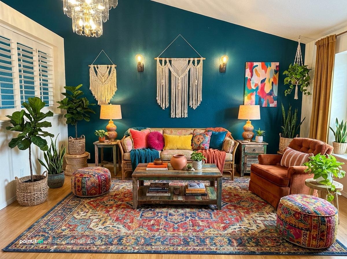 Boho living room with a teal wall, macramé hangings, a colourful sofa and poufs
