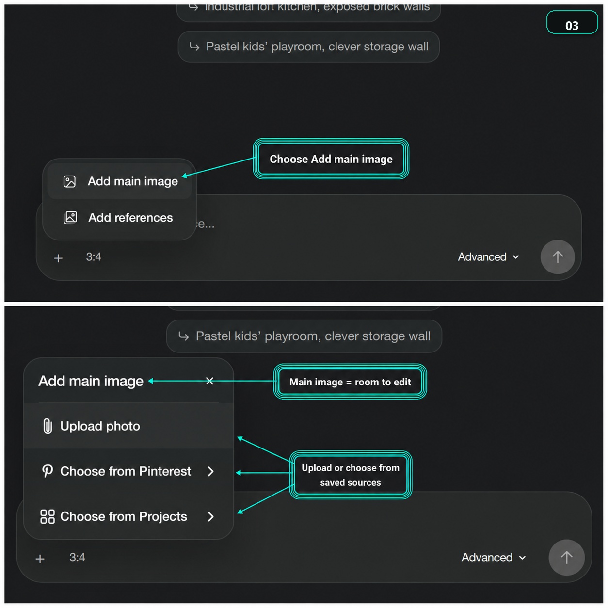 Paintit.ai interface showing the Add main image control and source options such as upload photo, Pinterest, and Projects.