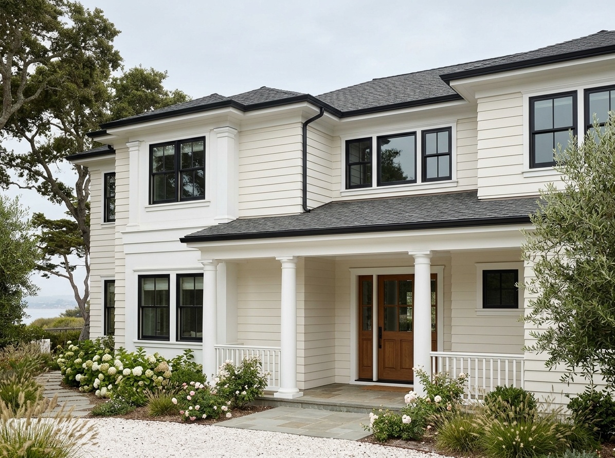 White house exterior with two-tone white siding and column detail,  black window trim and fascia for layered architectural depth