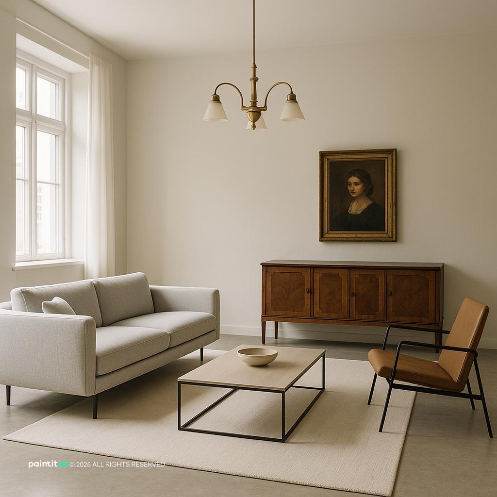 Modern Minimalist Living Room with Vintage Touches showing grey palette, yellow accents, warm wood for Yellow and Grey Living Room Ideas.