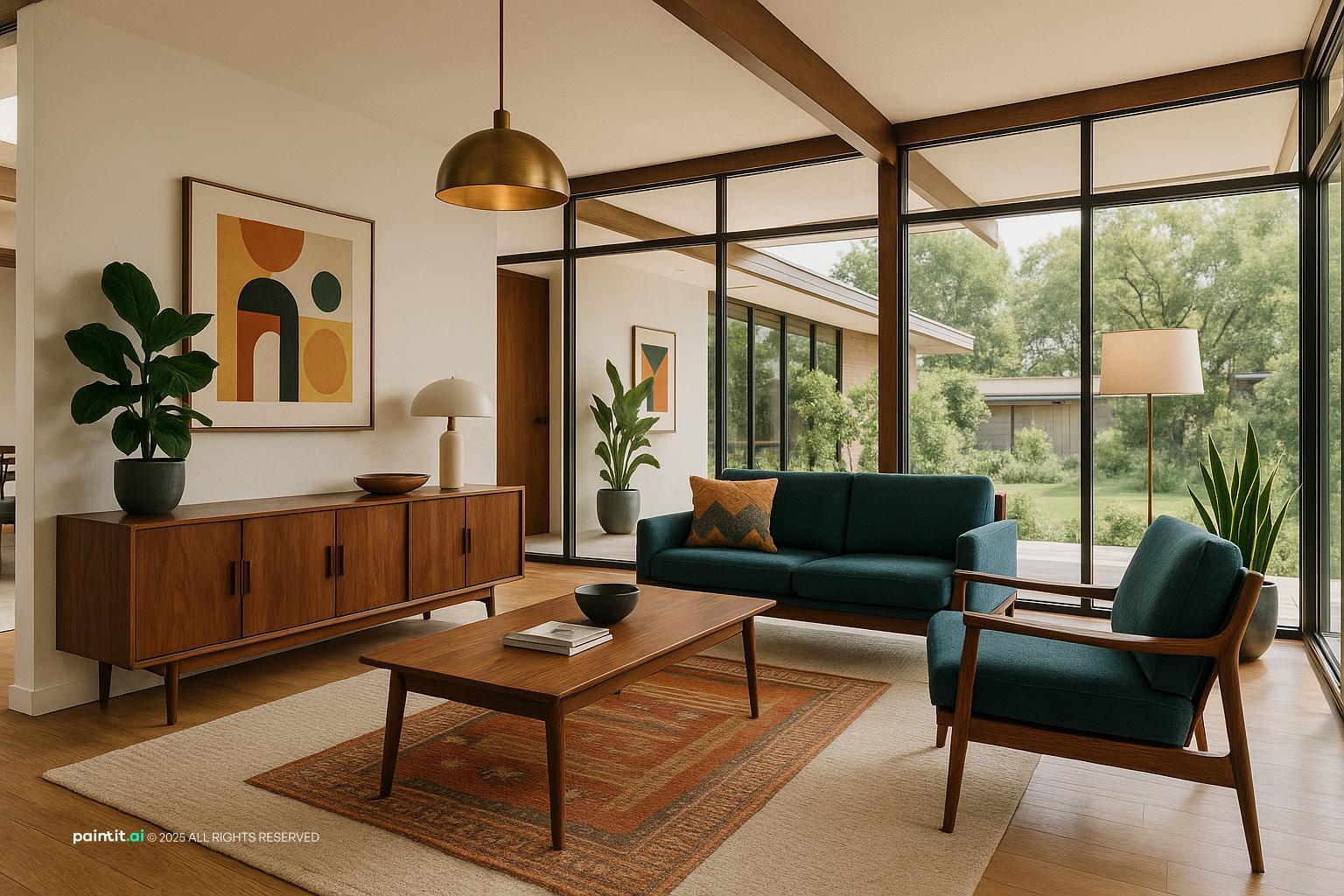 Earthy living room with walnut furniture, a teal sofa and a brass pendant