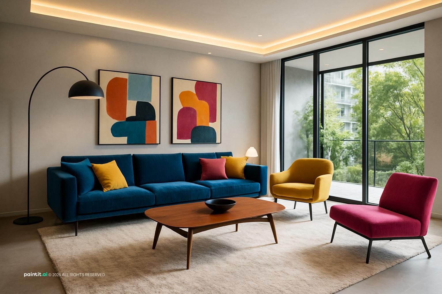 Mid century living room with a blue velvet sofa, a teak coffee table, colourful prints and a pink chair