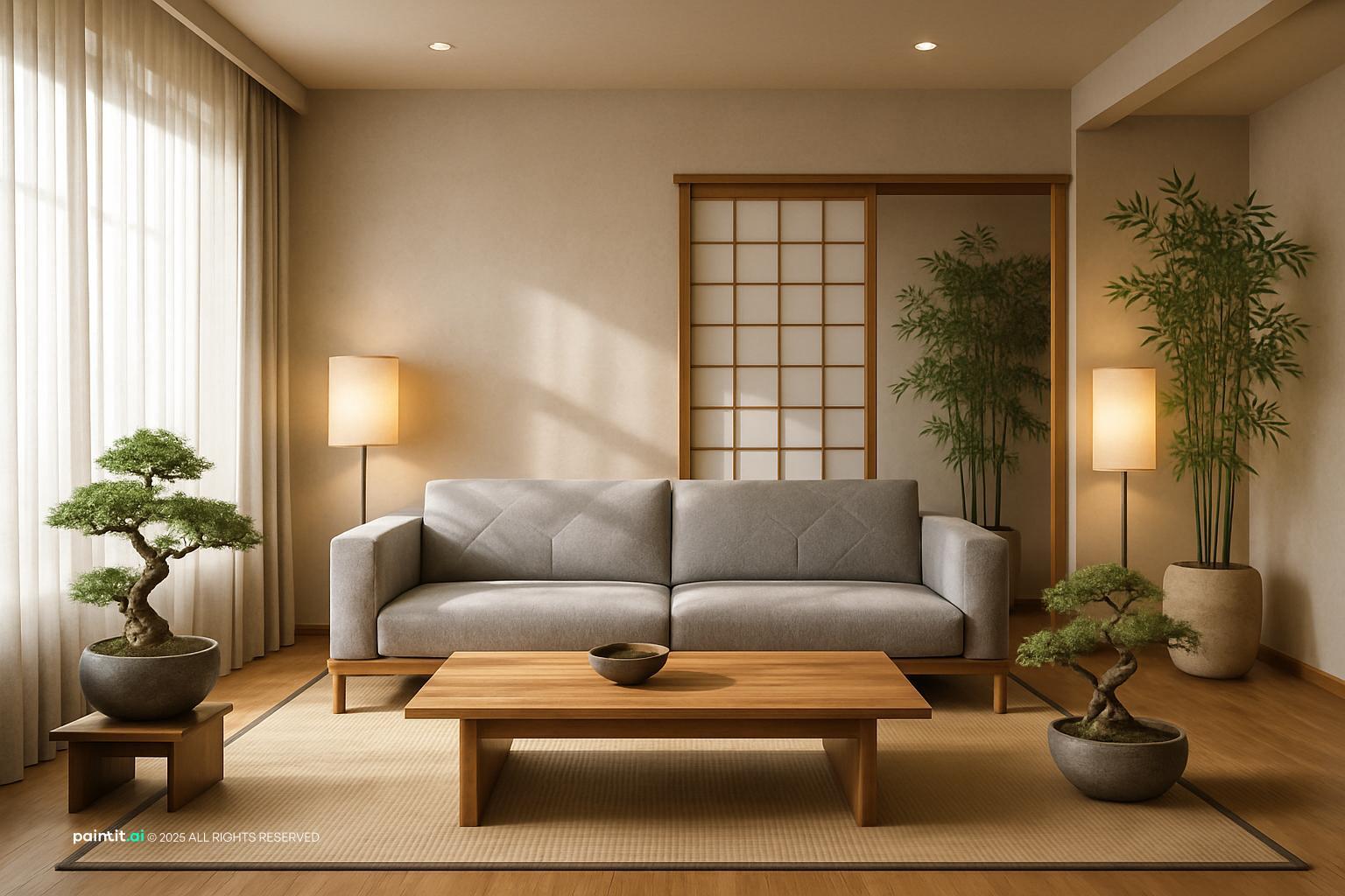 Contemporary living room with a taupe sofa, a low wooden table, shoji-style screens and bonsai