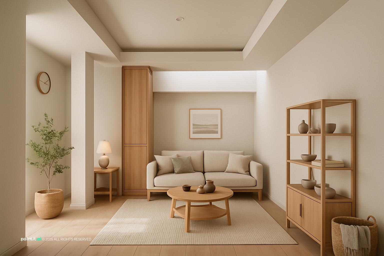 Japandi living room with wood slat details, a low wooden table, a linen sofa and open shelving