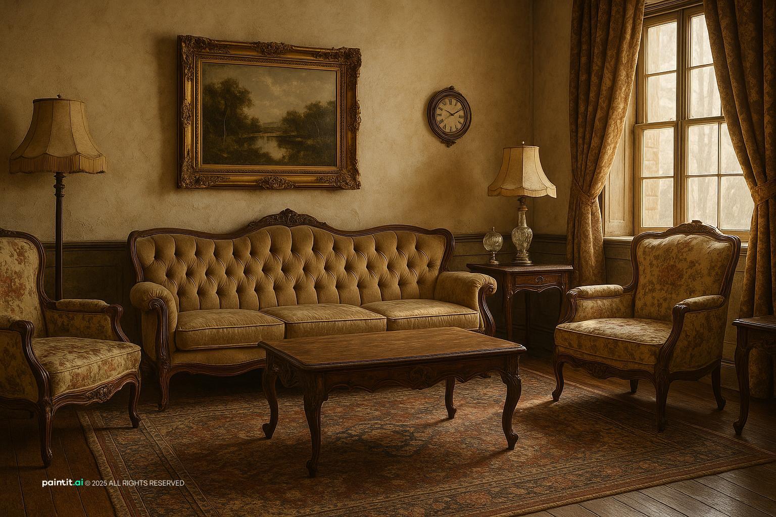 Ultra-photorealistic vintage-style wine red living room, capturing timeless elegance and nostalgic charm.