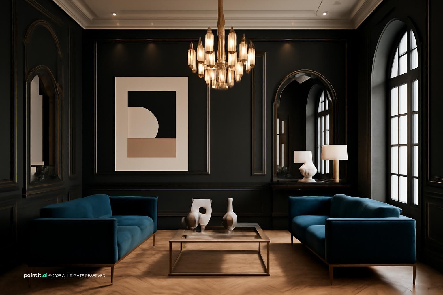 Art Deco living room with black walls, tall arched windows, navy velvet seating and a crystal chandelier