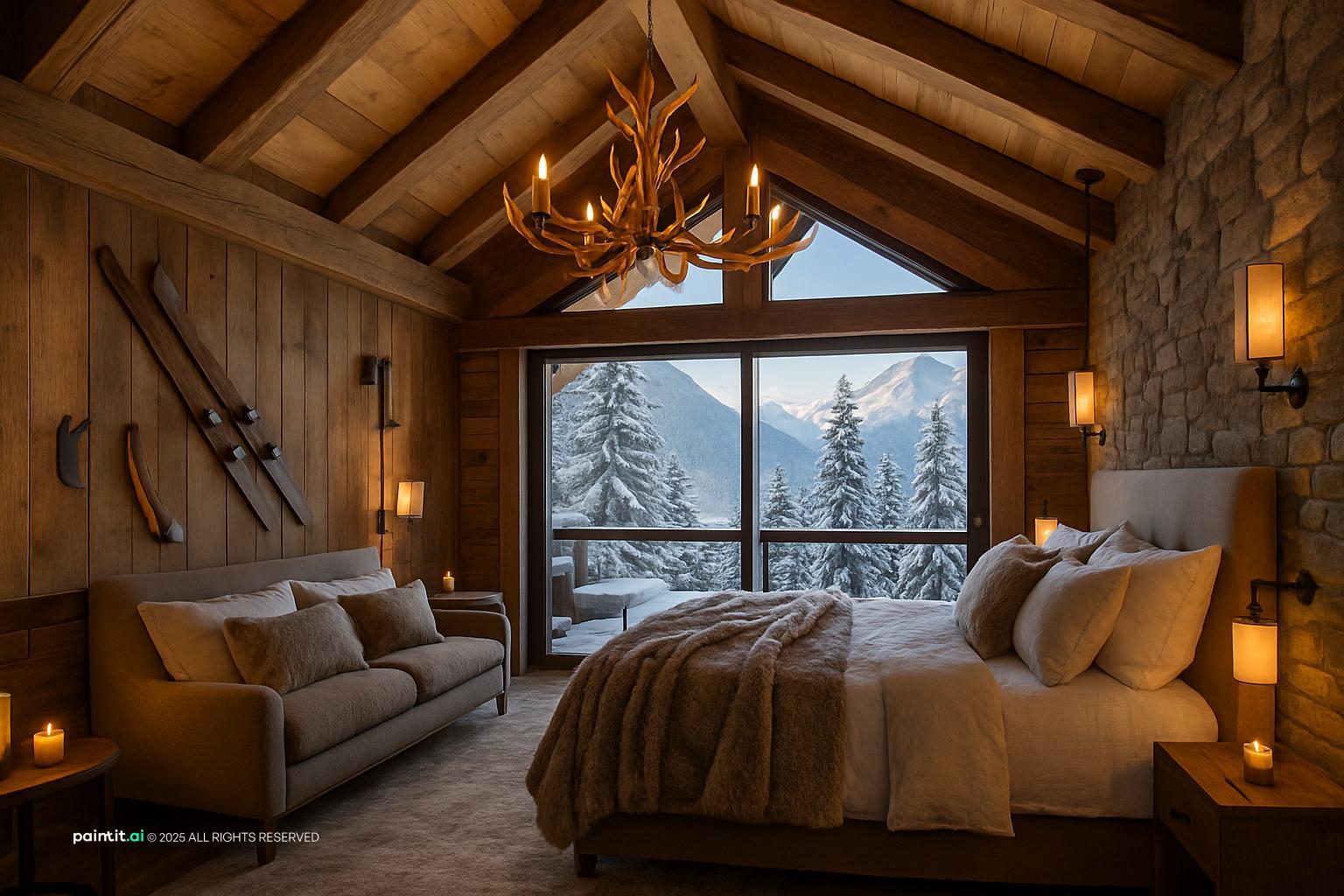 Mountain lodge bedroom with timber walls, an antler chandelier, a plaid-throw bed and a window onto snowy trees