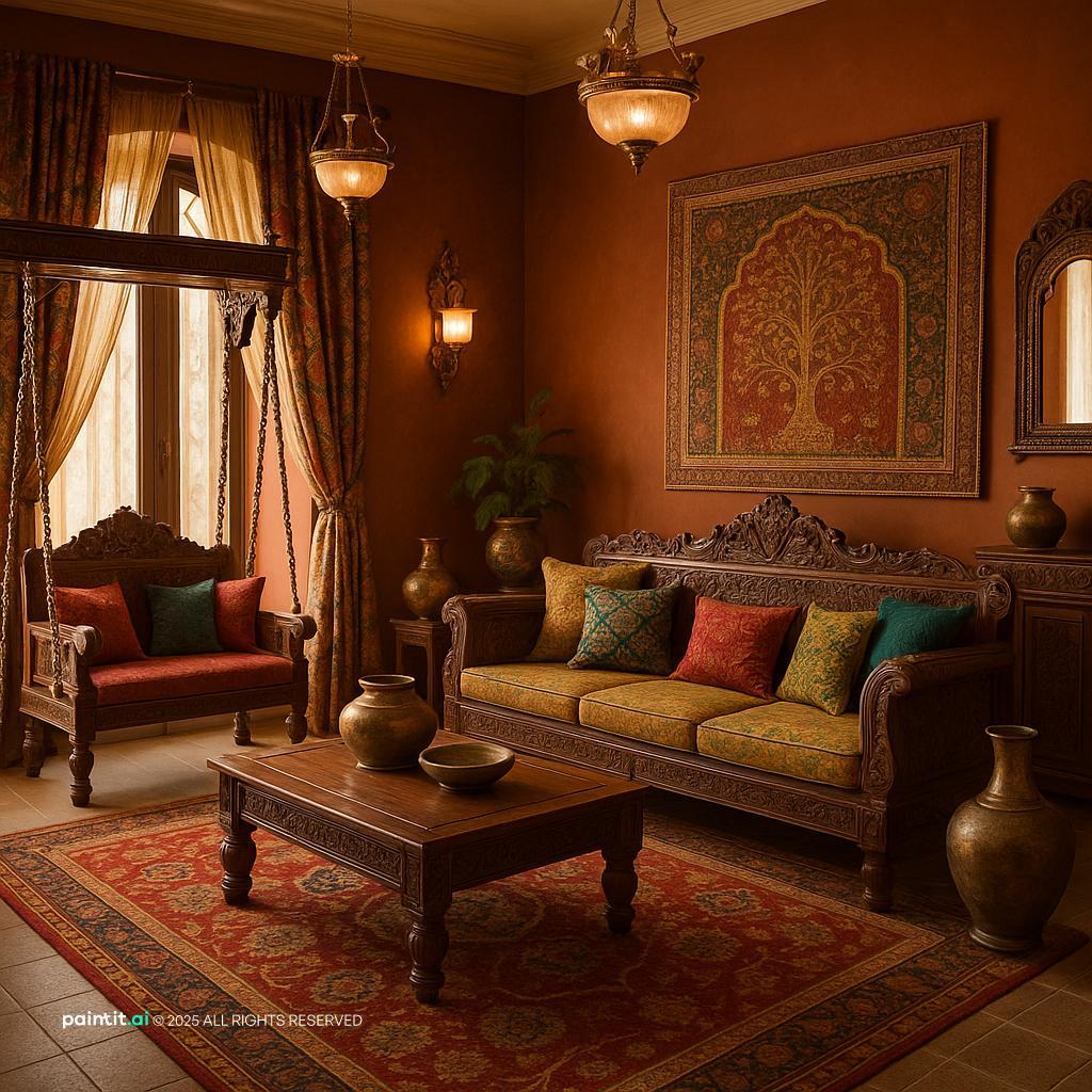 Elegant Indian-Style Living Room Design with wood and textiles and a calm living room atmosphere.