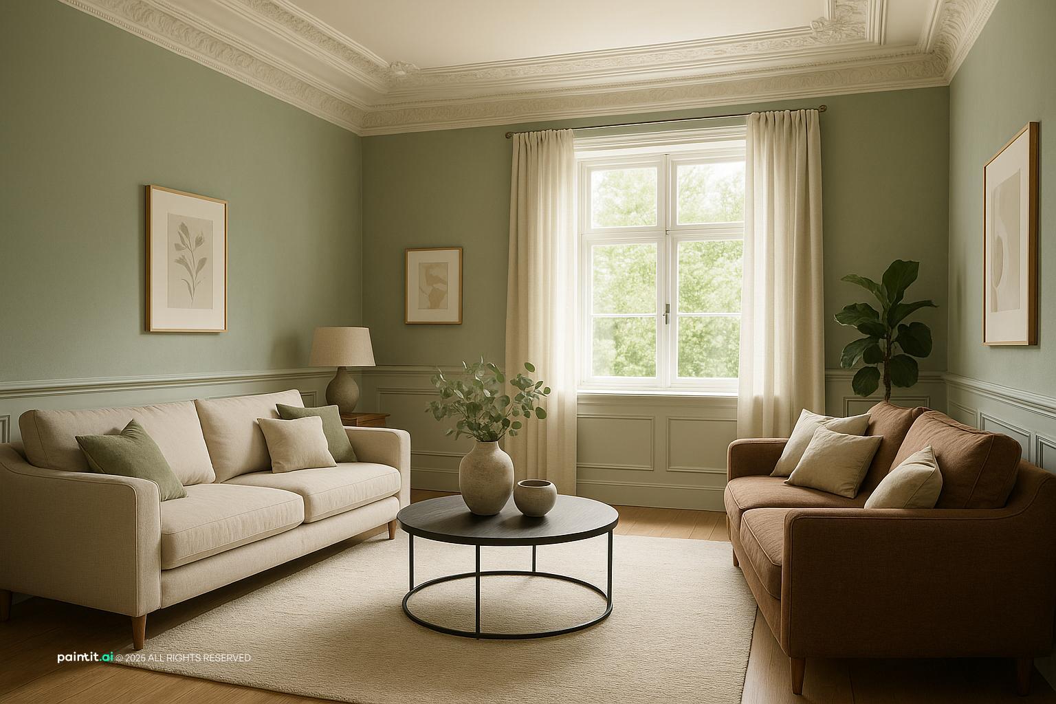 Elegant Sage Green Living Room Design with daylight and beige and a calm living room atmosphere.