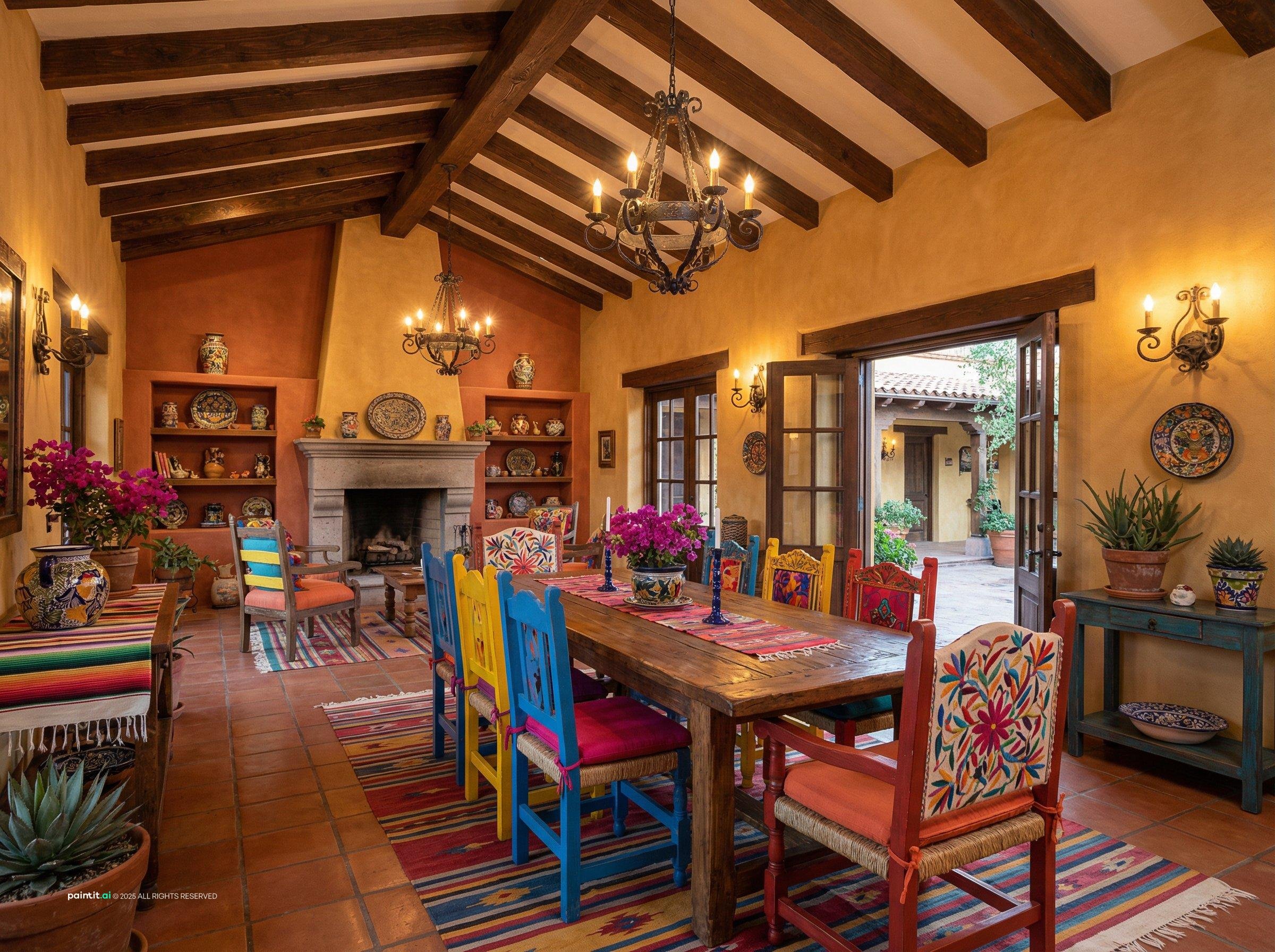 New Mexico Southwestern interior with adobe terracotta turquoise textiles and exposed beams 1